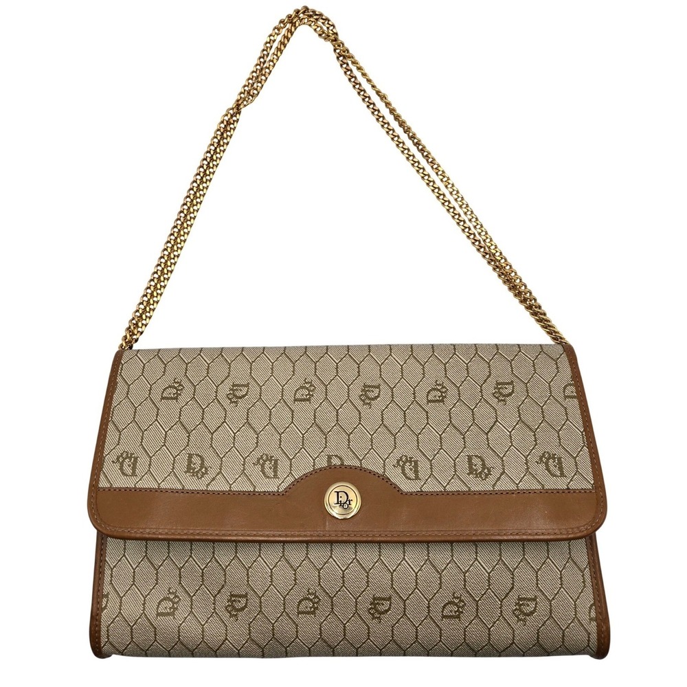 Christian Dior Vintage Honeycomb Monogram Canvas Shoulder Bag Beige Brown Gold